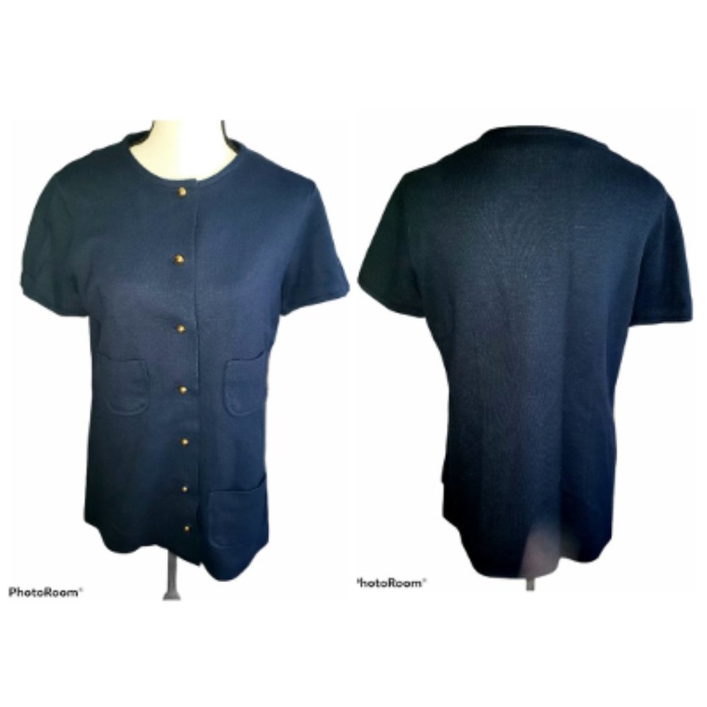 VINTAGE - 1960'S Dark Blue Short Sleeve Hand Crafted Blouse Size Medium / Large